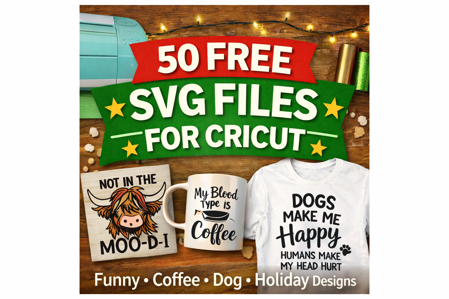 50 free SVG files for Cricut including funny, coffee, dog and holiday SVG designs