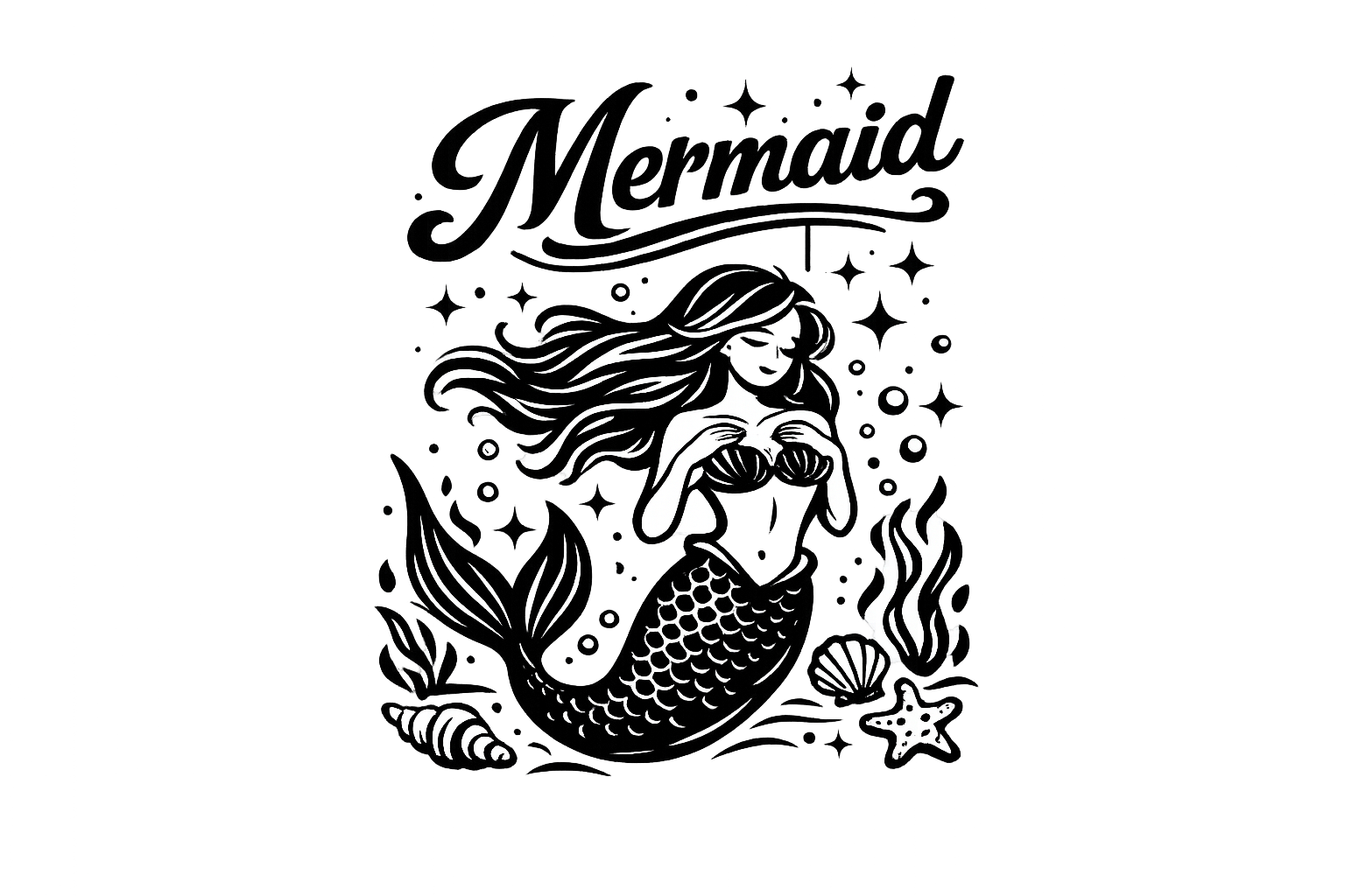 Black and white mermaid design for crafting projects