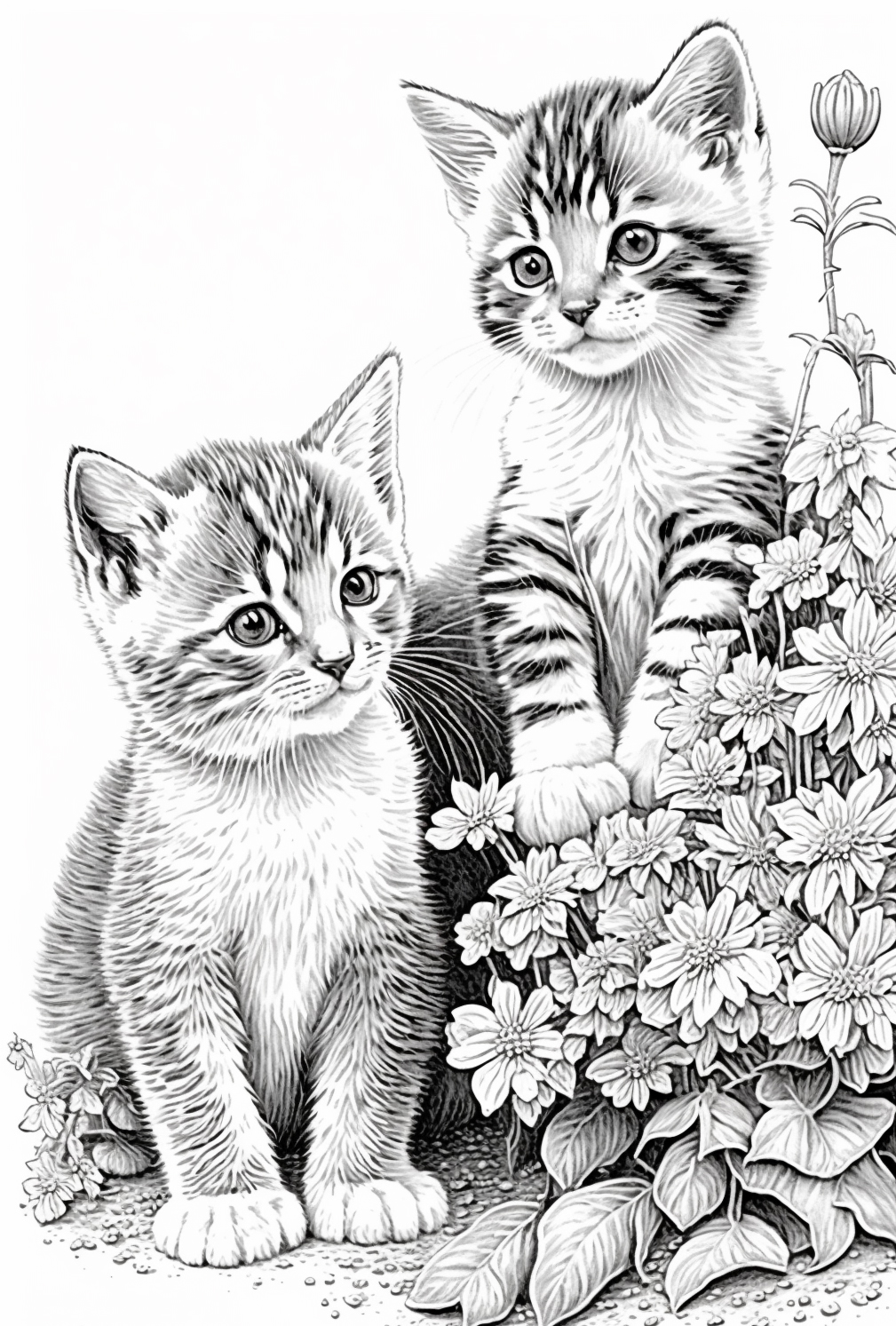 Free Kittens in the Garden Coloring Page