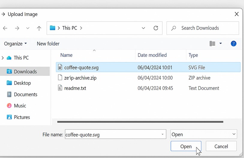 Confirm it’s a .svg (and unzip any downloads) before you upload.