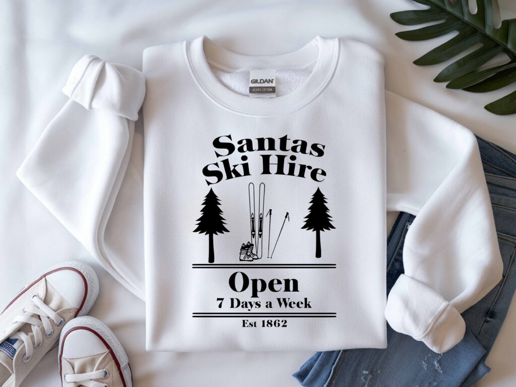 "Santa Ski Hire Free SVG File Download" SVG for mugs, t-shirts, tote bags