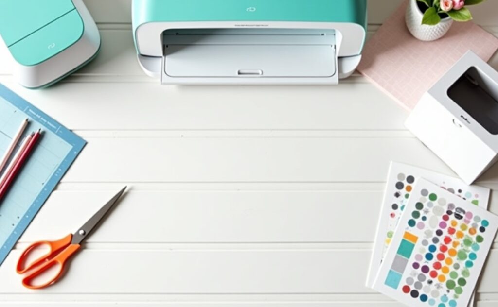 Cricut Maker and sticker-making supplies including sticker paper, printer, and mat on a craft desk.