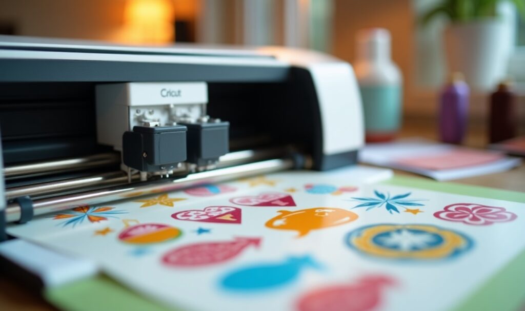 Cricut machine cutting printed sticker sheet using Print Then Cut feature.