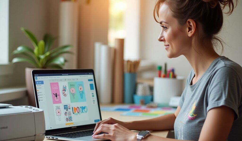 Person designing custom Cricut stickers in Design Space using the Offset tool on a laptop.