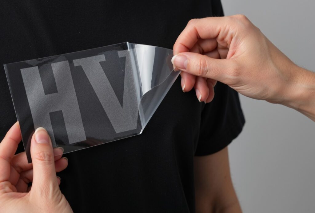 Close-up peeling the carrier sheet from an HTV design on a cotton shirt.