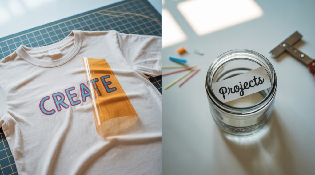 Split scene showing HTV on a t-shirt and adhesive vinyl on a glass jar.